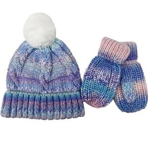 Girls Knitted Pompom Winter Hat and Mitten Gloves Set